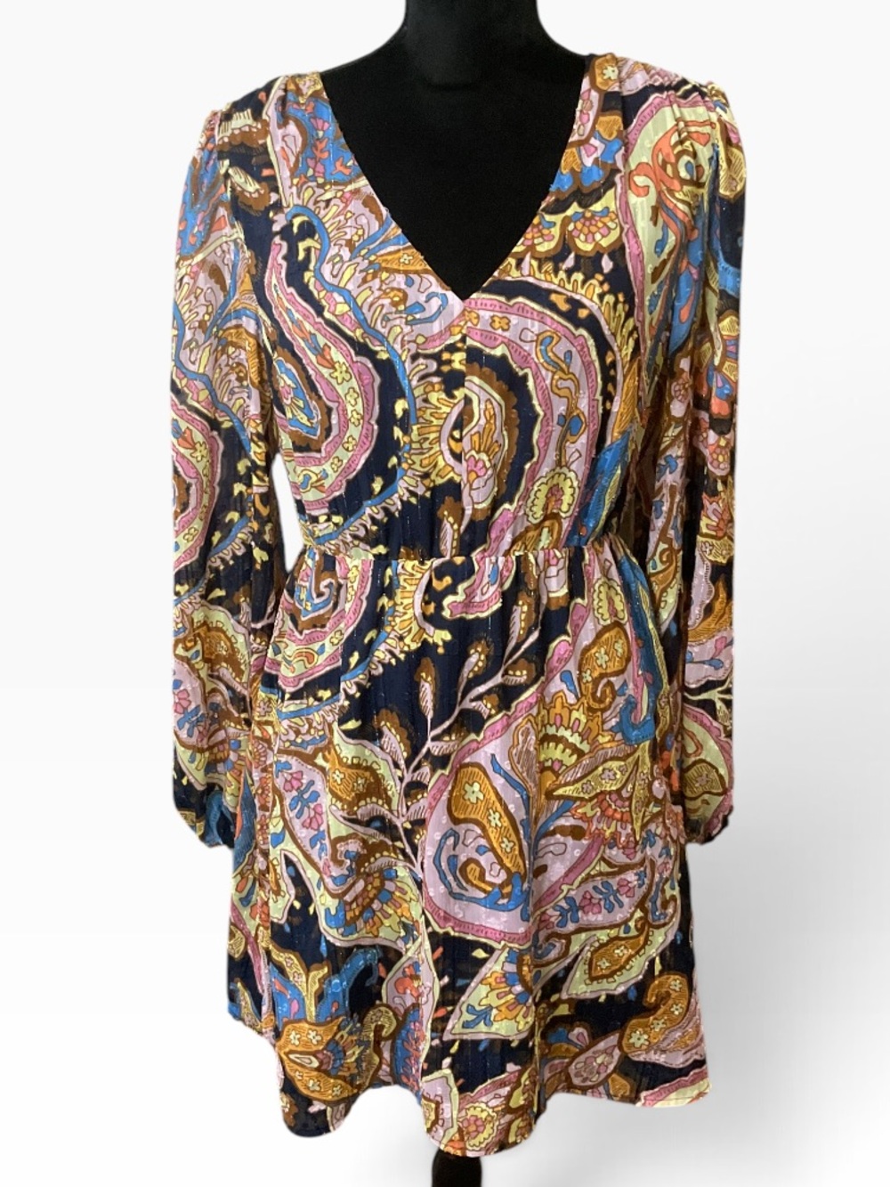 Sanctuary Multicolor Paisley V-Neck Long Sleeve Dress with Open Back Detail Med